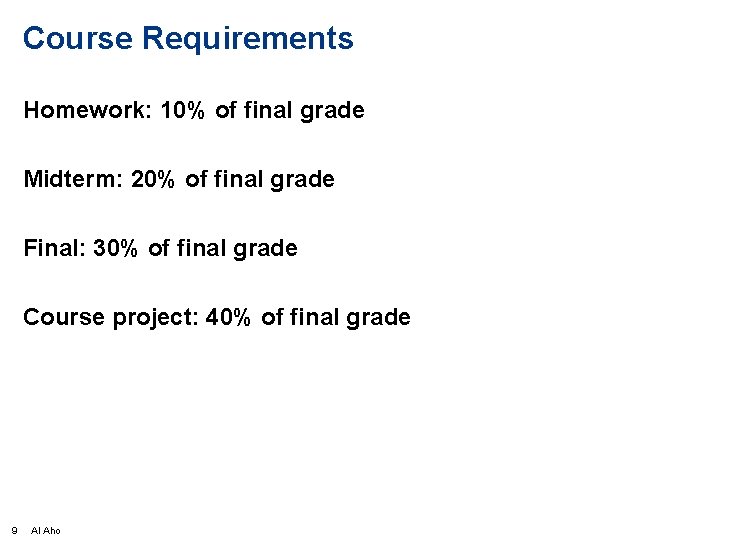 Course Requirements Homework: 10% of final grade Midterm: 20% of final grade Final: 30%