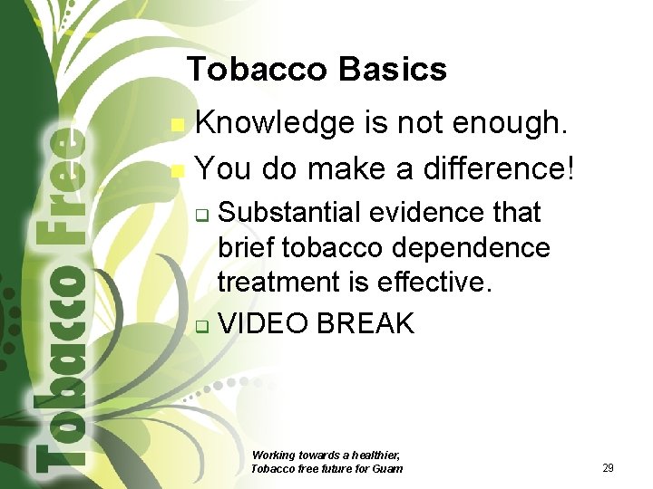 Tobacco Basics Knowledge is not enough. n You do make a difference! n Substantial