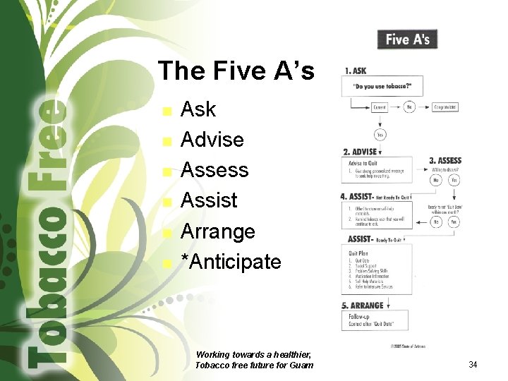 The Five A’s n n n Ask Advise Assess Assist Arrange *Anticipate Working towards