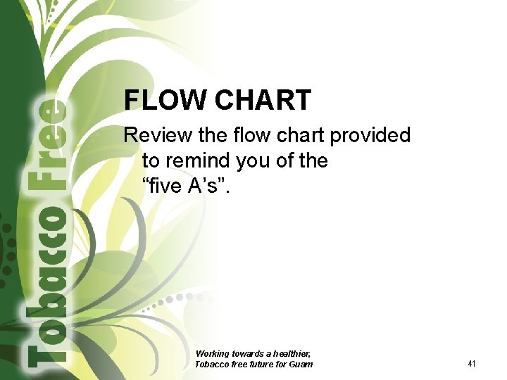 FLOW CHART Review the flow chart provided to remind you of the “five A’s”.