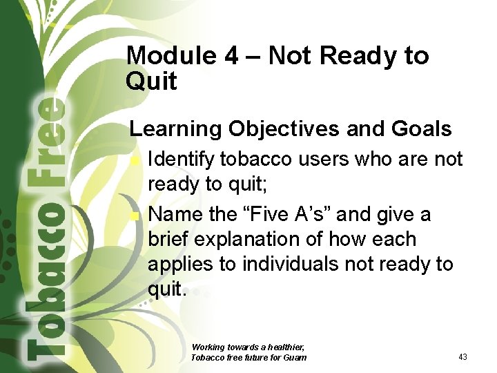 Module 4 – Not Ready to Quit Learning Objectives and Goals n n Identify