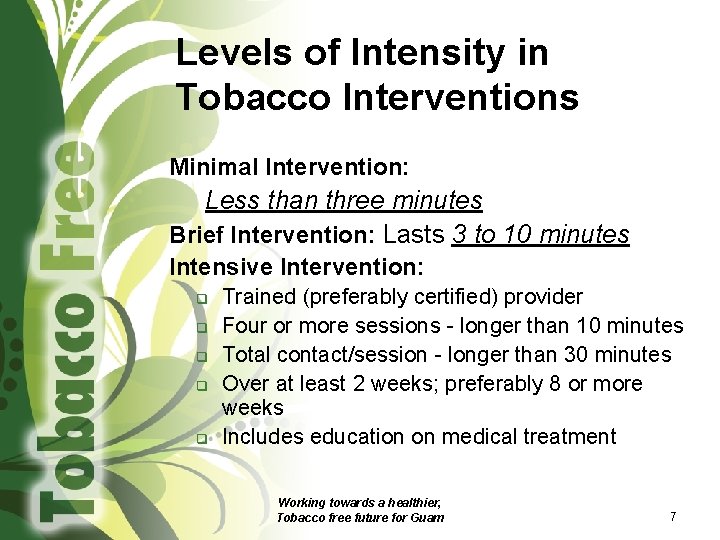 Levels of Intensity in Tobacco Interventions Minimal Intervention: Less than three minutes Brief Intervention: