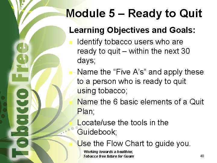 Module 5 – Ready to Quit Learning Objectives and Goals: n n n Identify
