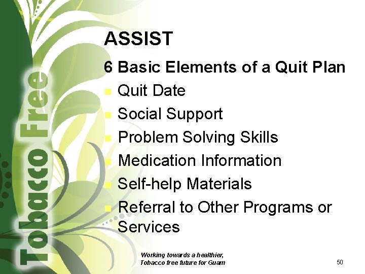 ASSIST 6 Basic Elements of a Quit Plan n Quit Date n Social Support