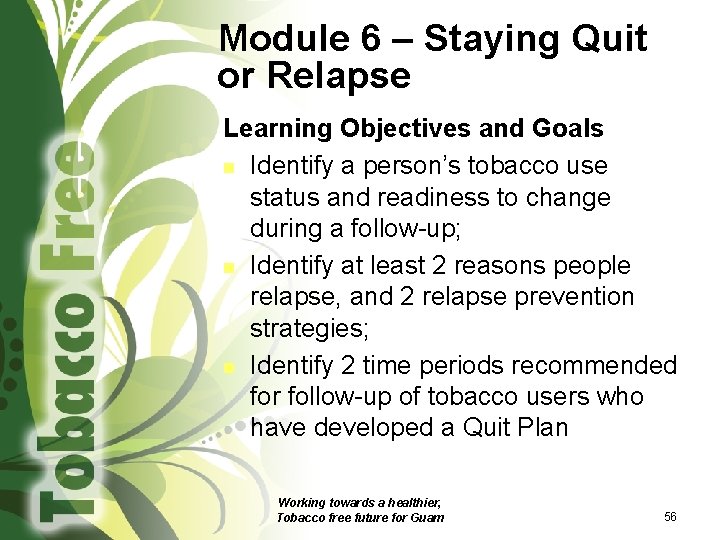 Module 6 – Staying Quit or Relapse Learning Objectives and Goals n Identify a