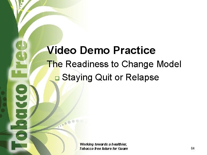 Video Demo Practice The Readiness to Change Model q Staying Quit or Relapse Working