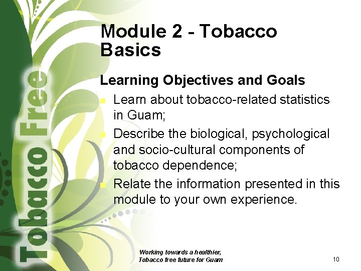 Module 2 - Tobacco Basics Learning Objectives and Goals n n n Learn about