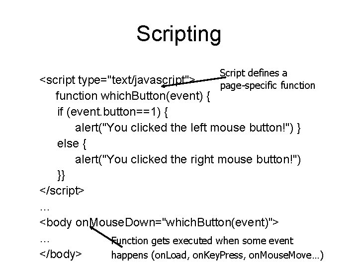 Scripting Script defines a page-specific function <script type="text/javascript"> function which. Button(event) { if (event.