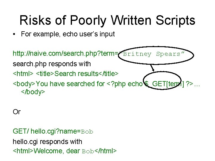 Risks of Poorly Written Scripts • For example, echo user’s input http: //naive. com/search.