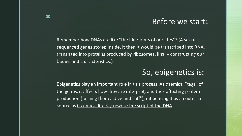 z Before we start: Remember how DNAs are like "the blueprints of our lifes"?