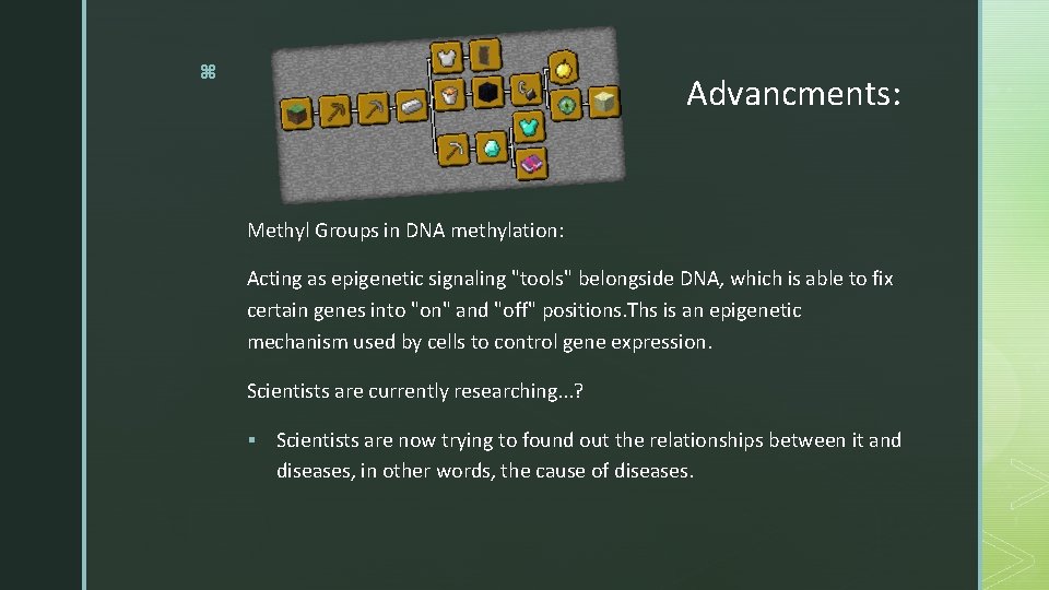 z Advancments: Methyl Groups in DNA methylation: Acting as epigenetic signaling "tools" belongside DNA,
