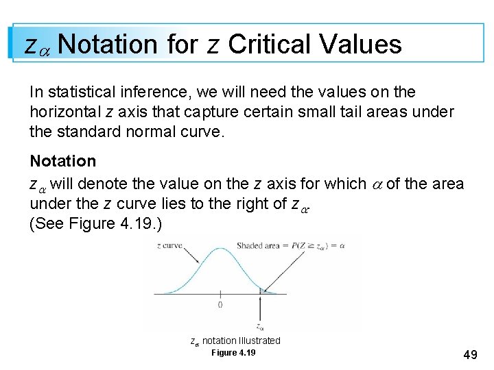 z Notation for z Critical Values In statistical inference, we will need the values