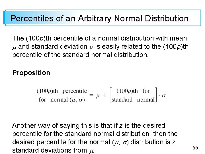 Percentiles of an Arbitrary Normal Distribution The (100 p)th percentile of a normal distribution