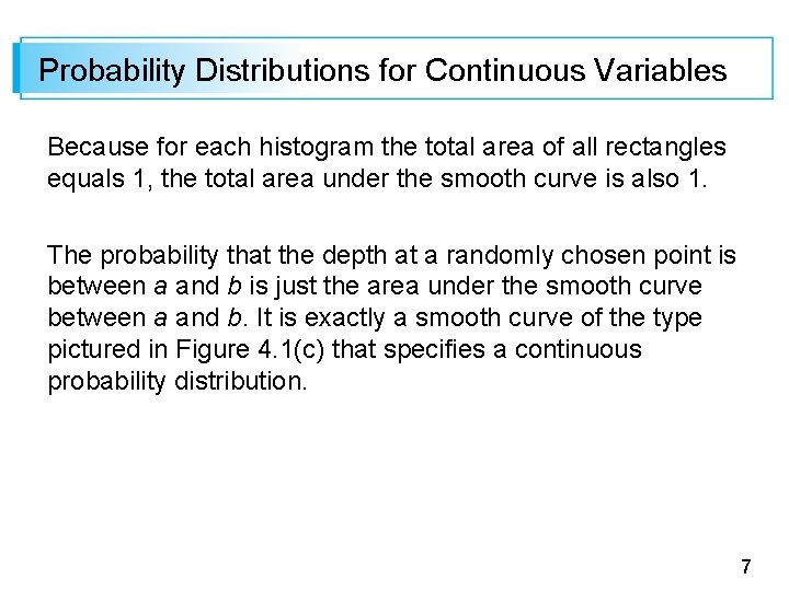 Probability Distributions for Continuous Variables Because for each histogram the total area of all