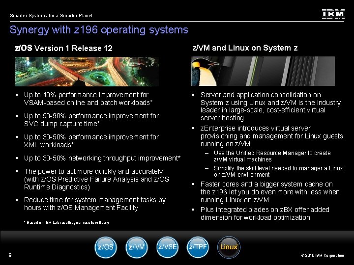 Smarter Systems for a Smarter Planet Synergy with z 196 operating systems 9 z/OS