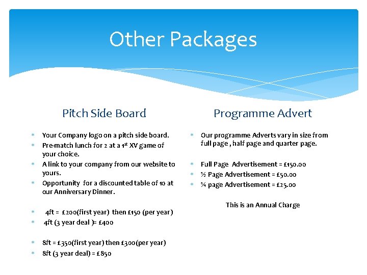 Other Packages Pitch Side Board Your Company logo on a pitch side board. Pre-match