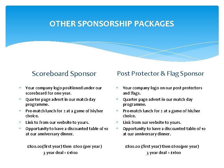 OTHER SPONSORSHIP PACKAGES Scoreboard Sponsor Post Protector & Flag Sponsor Your company logo positioned