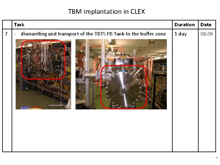 TBM implantation in CLEX 7 Task Duration Date - dismantling and transport of the