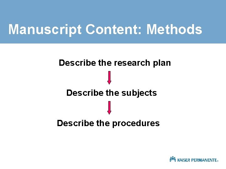 Manuscript Content: Methods Describe the research plan Describe the subjects Describe the procedures 