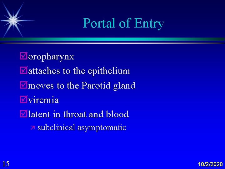 Portal of Entry þoropharynx þattaches to the epithelium þmoves to the Parotid gland þviremia