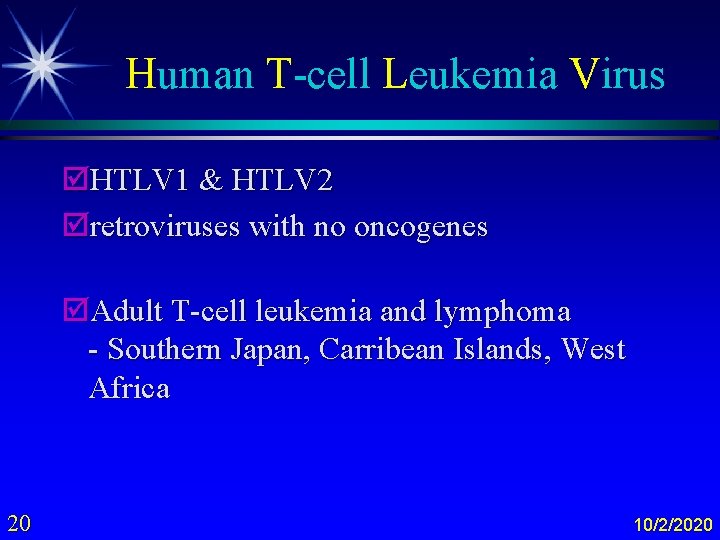 Human T-cell Leukemia Virus þHTLV 1 & HTLV 2 þretroviruses with no oncogenes þAdult