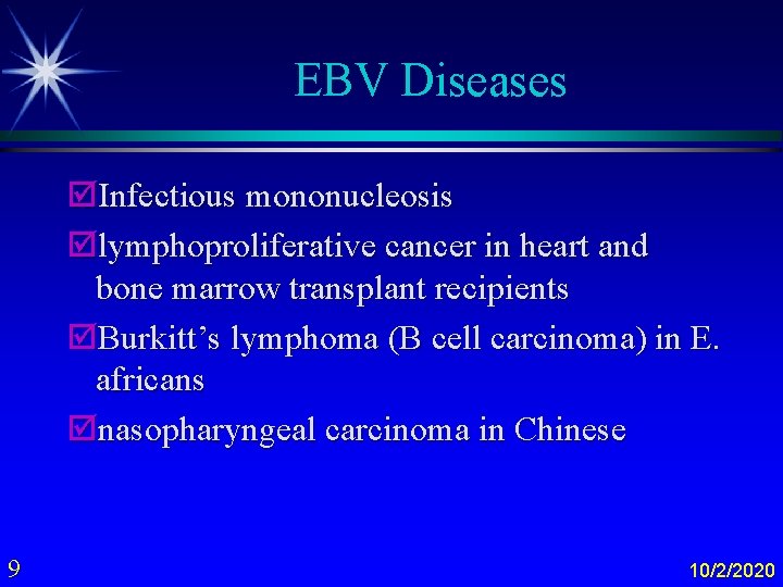 EBV Diseases þInfectious mononucleosis þlymphoproliferative cancer in heart and bone marrow transplant recipients þBurkitt’s