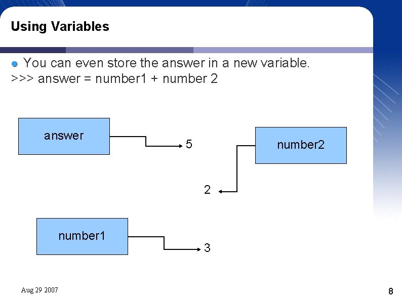 Using Variables You can even store the answer in a new variable. >>> answer