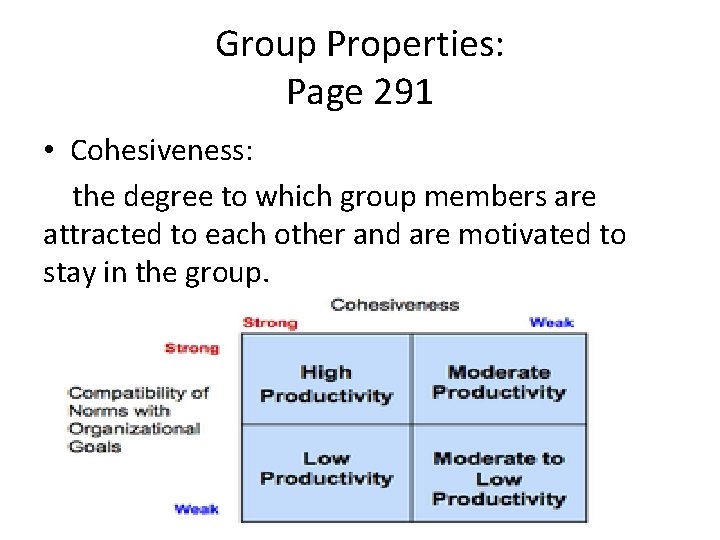 Group Properties: Page 291 • Cohesiveness: the degree to which group members are attracted