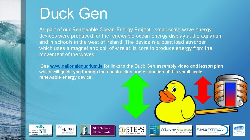 Duck Gen As part of our Renewable Ocean Energy Project , small scale wave