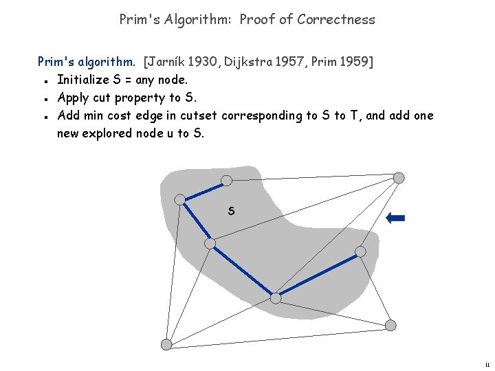 Prim's Algorithm: Proof of Correctness Prim's algorithm. [Jarník 1930, Dijkstra 1957, Prim 1959] Initialize