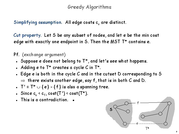Greedy Algorithms Simplifying assumption. All edge costs ce are distinct. Cut property. Let S