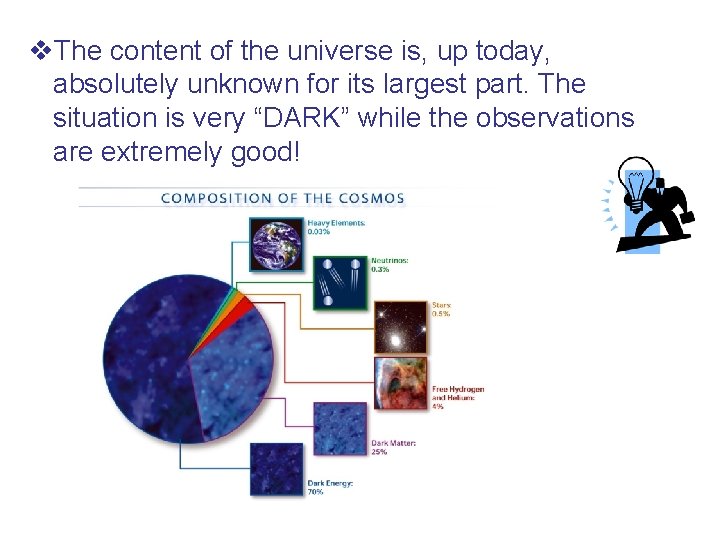 v. The content of the universe is, up today, absolutely unknown for its largest