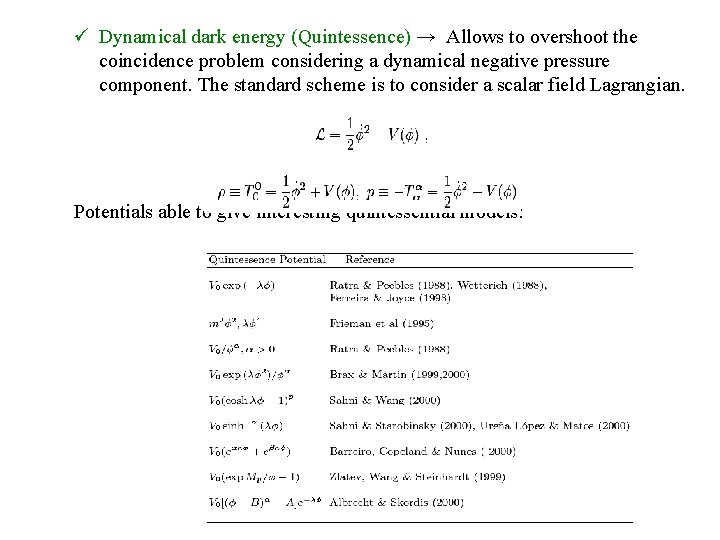  Dynamical dark energy (Quintessence) → Allows to overshoot the coincidence problem considering a