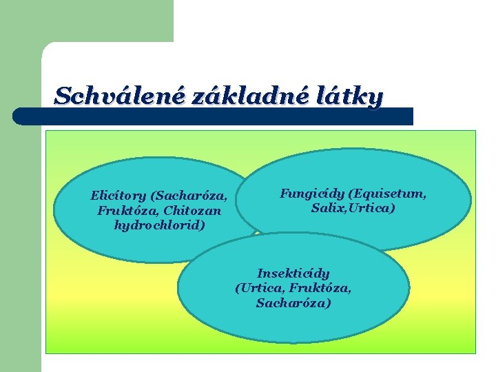 Schválené základné látky Elicítory (Sacharóza, Fruktóza, Chitozan hydrochlorid) Fungicídy (Equisetum, Salix, Urtica) Insekticídy (Urtica,