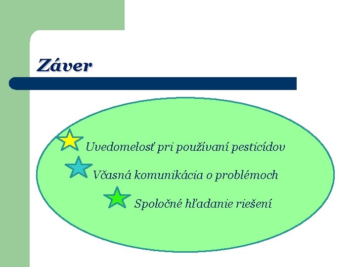 Záver Uvedomelosť pri používaní pesticídov Včasná komunikácia o problémoch Spoločné hľadanie riešení 