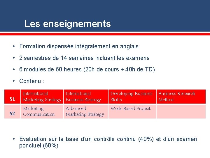 Les enseignements • Formation dispensée intégralement en anglais • 2 semestres de 14 semaines