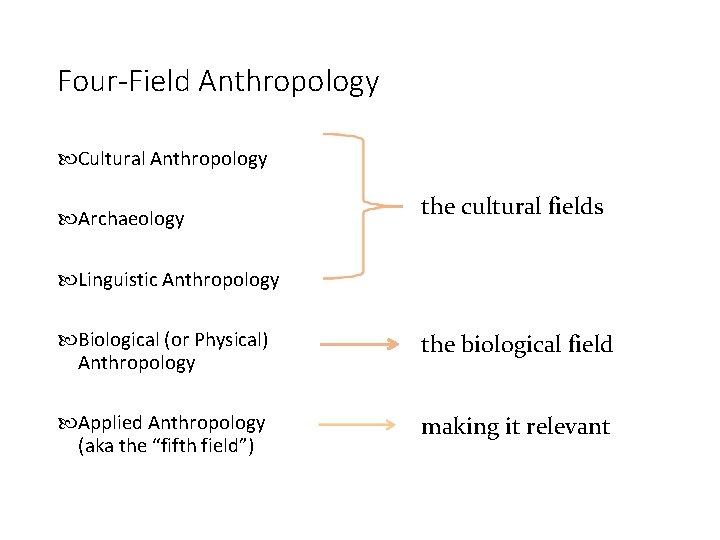 Four-Field Anthropology Cultural Anthropology Archaeology the cultural fields Linguistic Anthropology Biological (or Physical) Anthropology