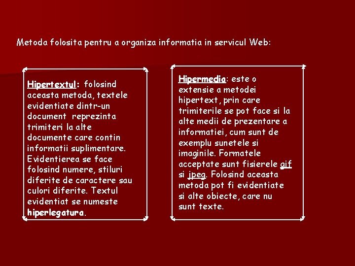 Metoda folosita pentru a organiza informatia in servicul Web: Hipertextul: folosind aceasta metoda, textele