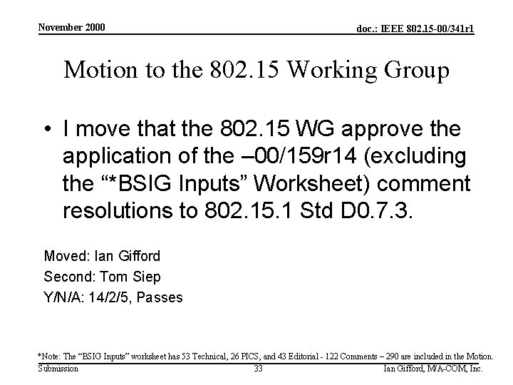 November 2000 doc. : IEEE 802. 15 -00/341 r 1 Motion to the 802.