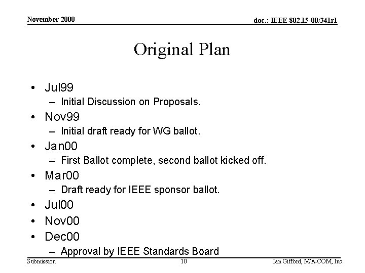 November 2000 doc. : IEEE 802. 15 -00/341 r 1 Original Plan • Jul