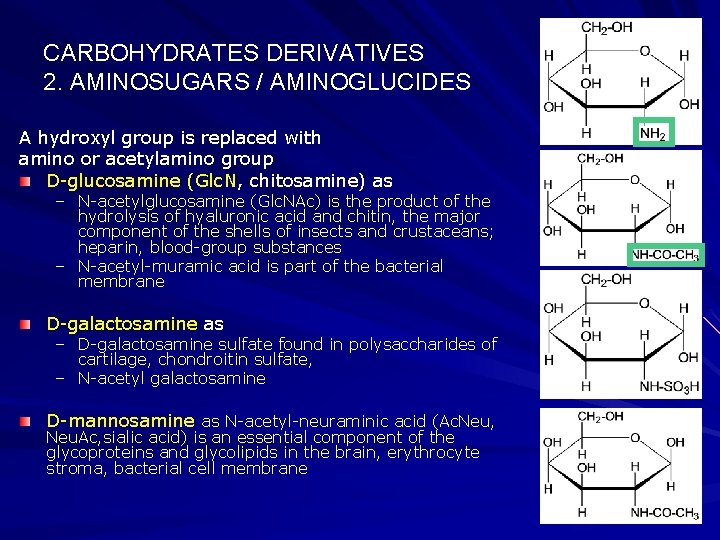 CARBOHYDRATES DERIVATIVES 2. AMINOSUGARS / AMINOGLUCIDES A hydroxyl group is replaced with amino or