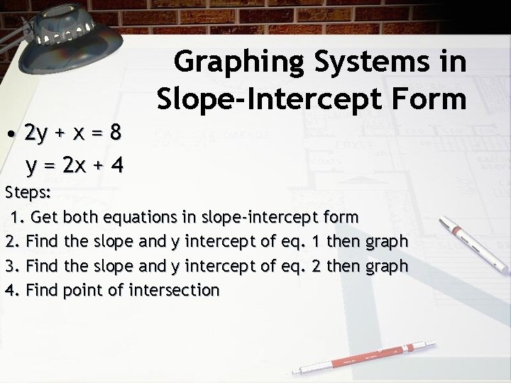 Graphing Systems in Slope-Intercept Form • 2 y + x = 8 y =
