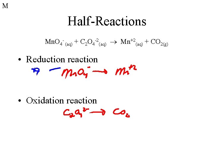 M Half-Reactions Mn. O 4 - (aq) + C 2 O 4 -2(aq) Mn+2(aq)