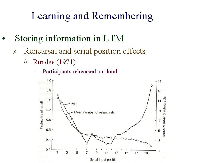 Learning and Remembering • Storing information in LTM » Rehearsal and serial position effects
