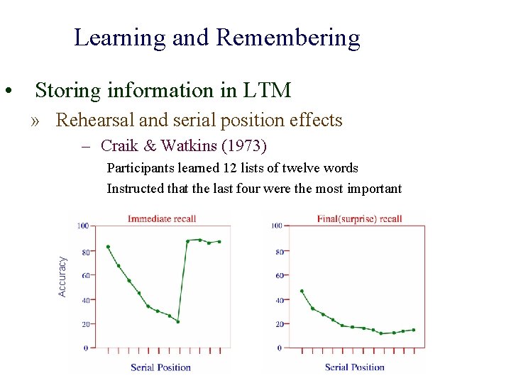 Learning and Remembering • Storing information in LTM » Rehearsal and serial position effects