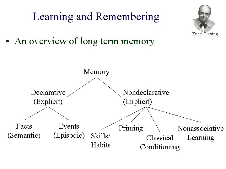 Learning and Remembering • An overview of long term memory Endel Tulving Memory Declarative