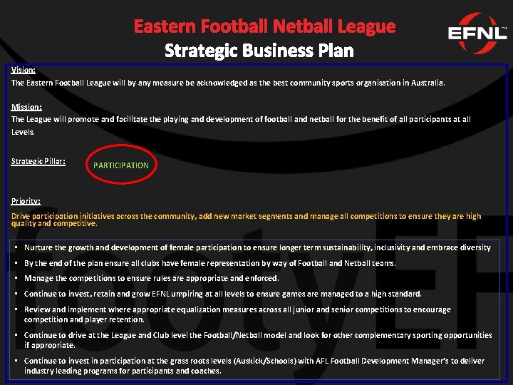  Eastern Football Netball League Strategic Business Plan Vision: The Eastern Football League will