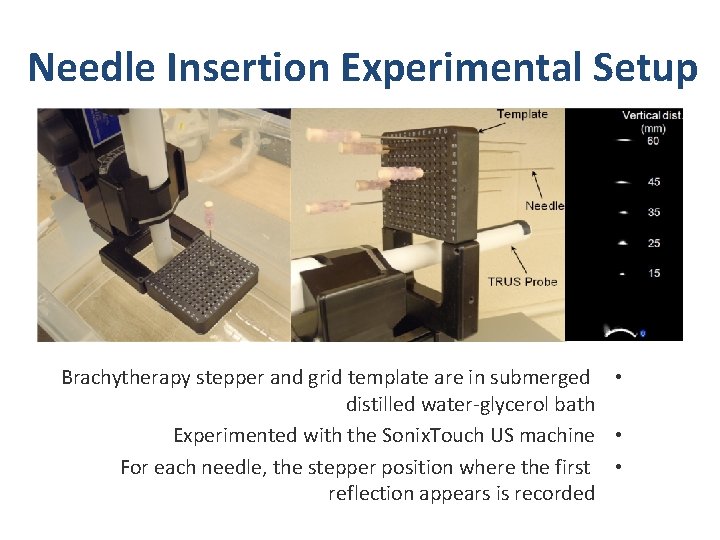 Needle Insertion Experimental Setup Brachytherapy stepper and grid template are in submerged • distilled