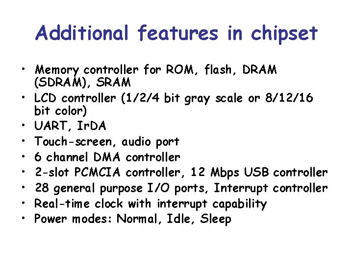 Additional features in chipset • Memory controller for ROM, flash, DRAM (SDRAM), SRAM •