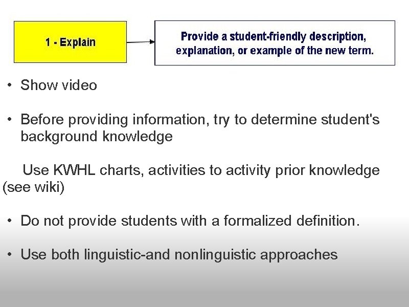  • Show video • Before providing information, try to determine student's background knowledge